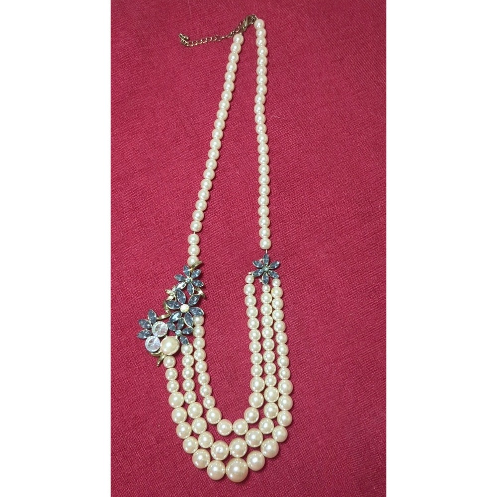 Vintage Faux Pearl‎ And Rhinestone 3 Strand Necklace